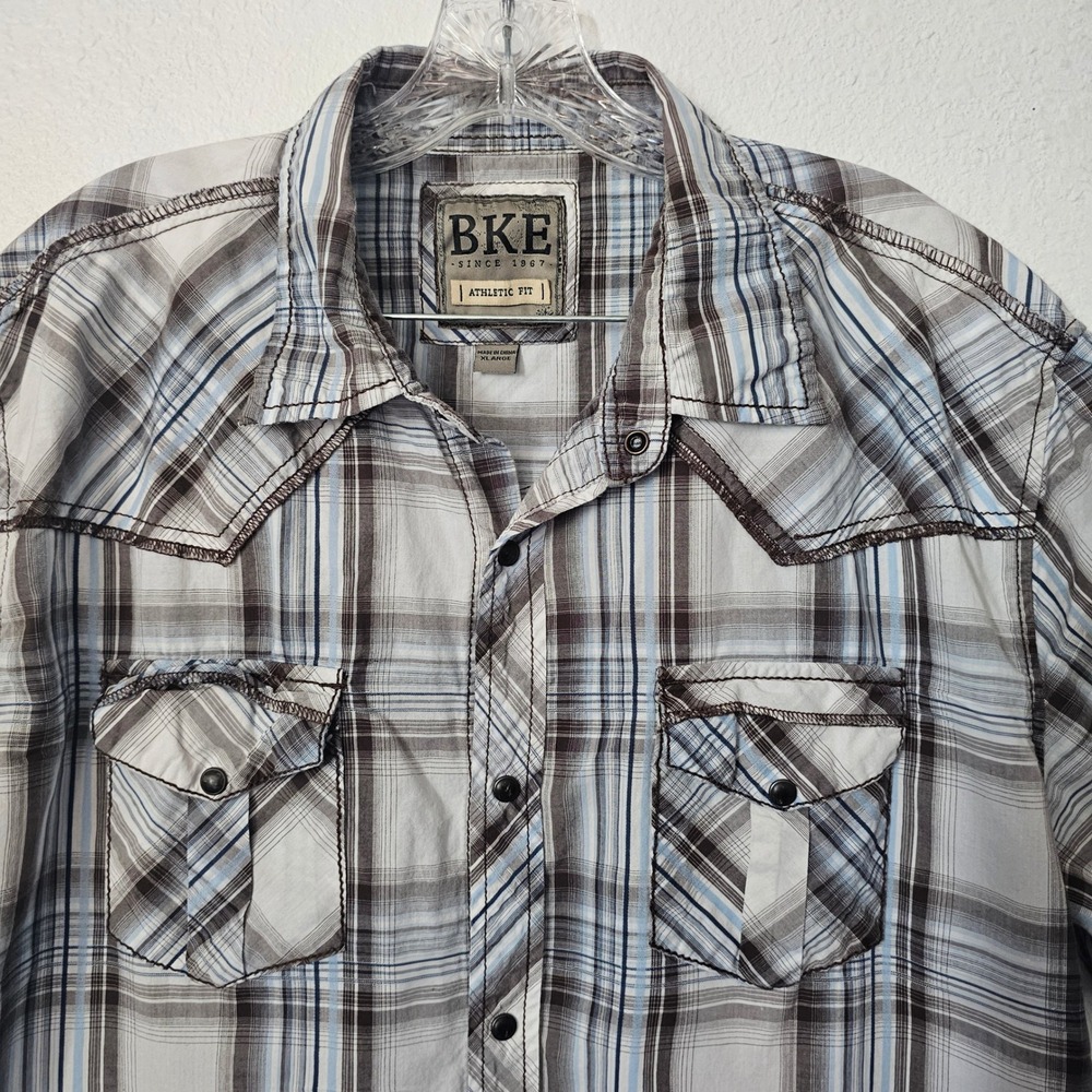BKE Mens Athletic Fit Plaid Western Pearl Snap Short Sleeve Shirt XL Brown‎ Blue